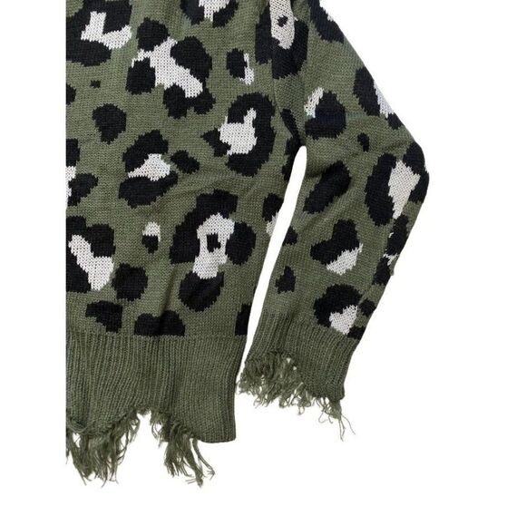 Polly & Esther Sweater Top Women's LARGE Green Black Destructed Cropped Frayed - Picture 5 of 12
